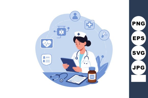 Female Doctor with Medical Icons and Hea