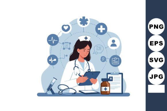 Female Nurse with Medical Icons and Heal