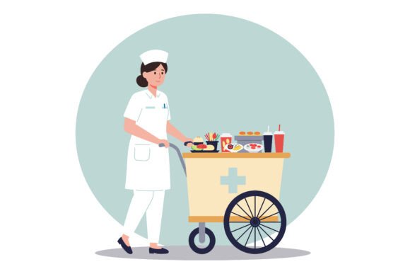 Nurse Pushing a Food Cart with Colorful