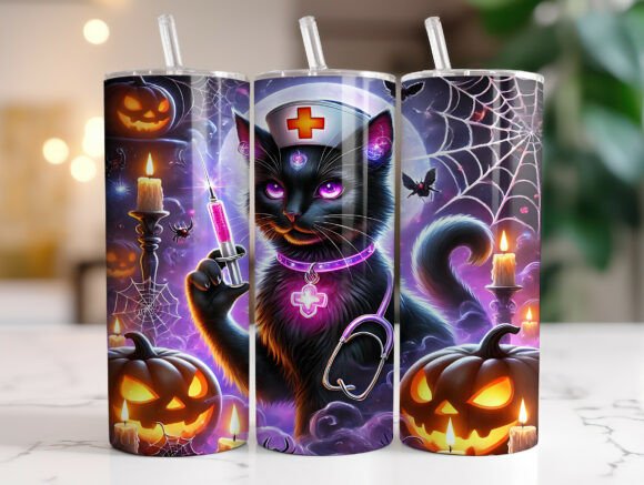 Spooky Nurse Black Cat Tumbler Wrap